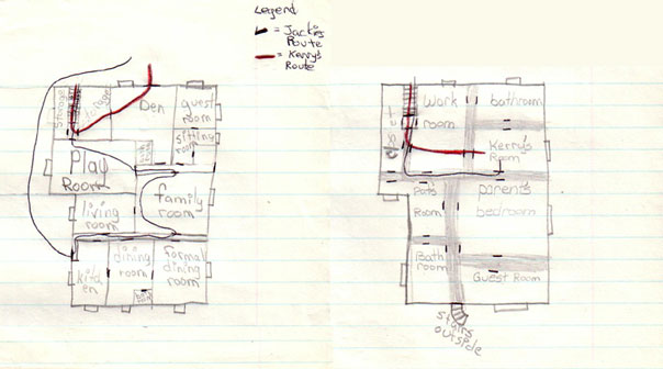 Diagram of Kerry's house with each girl's route marked in a different color.