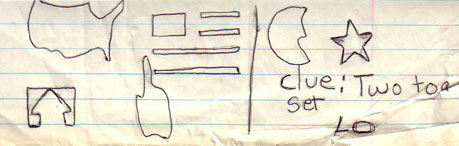 Stencils: U.S. Flag, U.S. Map, Up arrow, Finger pointing up, Moon, and Star.  "Clue: Two to a set. LO"