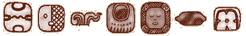 Divider with Mayan symbols for: bak (bone), way (spirit), kak (fire), ja (also spelled ya or ha, water), pakal (shield), tok (flint), and kin (sun)